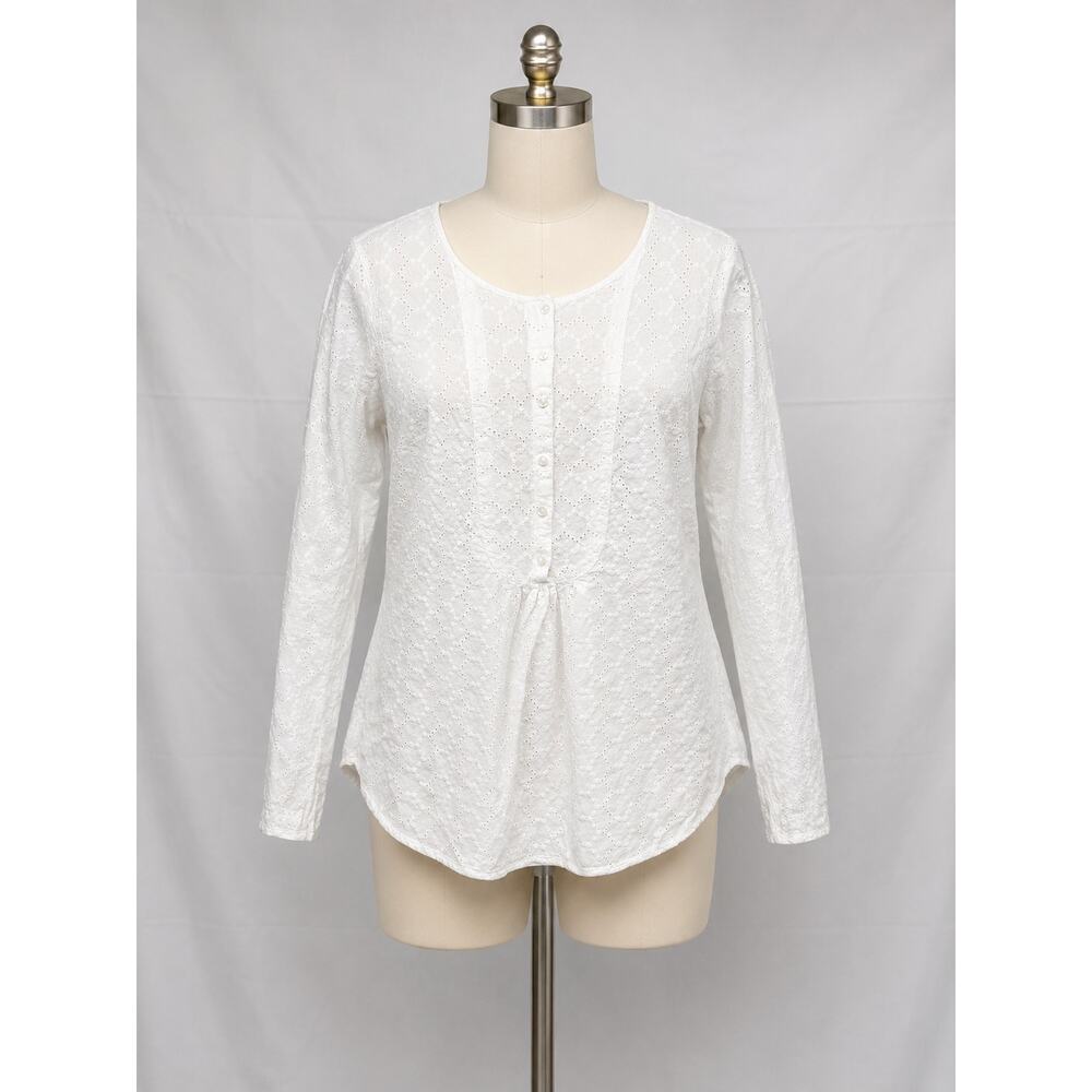 L.L.Bean Eyelet Blouse Women's Small White 100% Cotton Long Sleeve Peasant - Picture 2 of 8